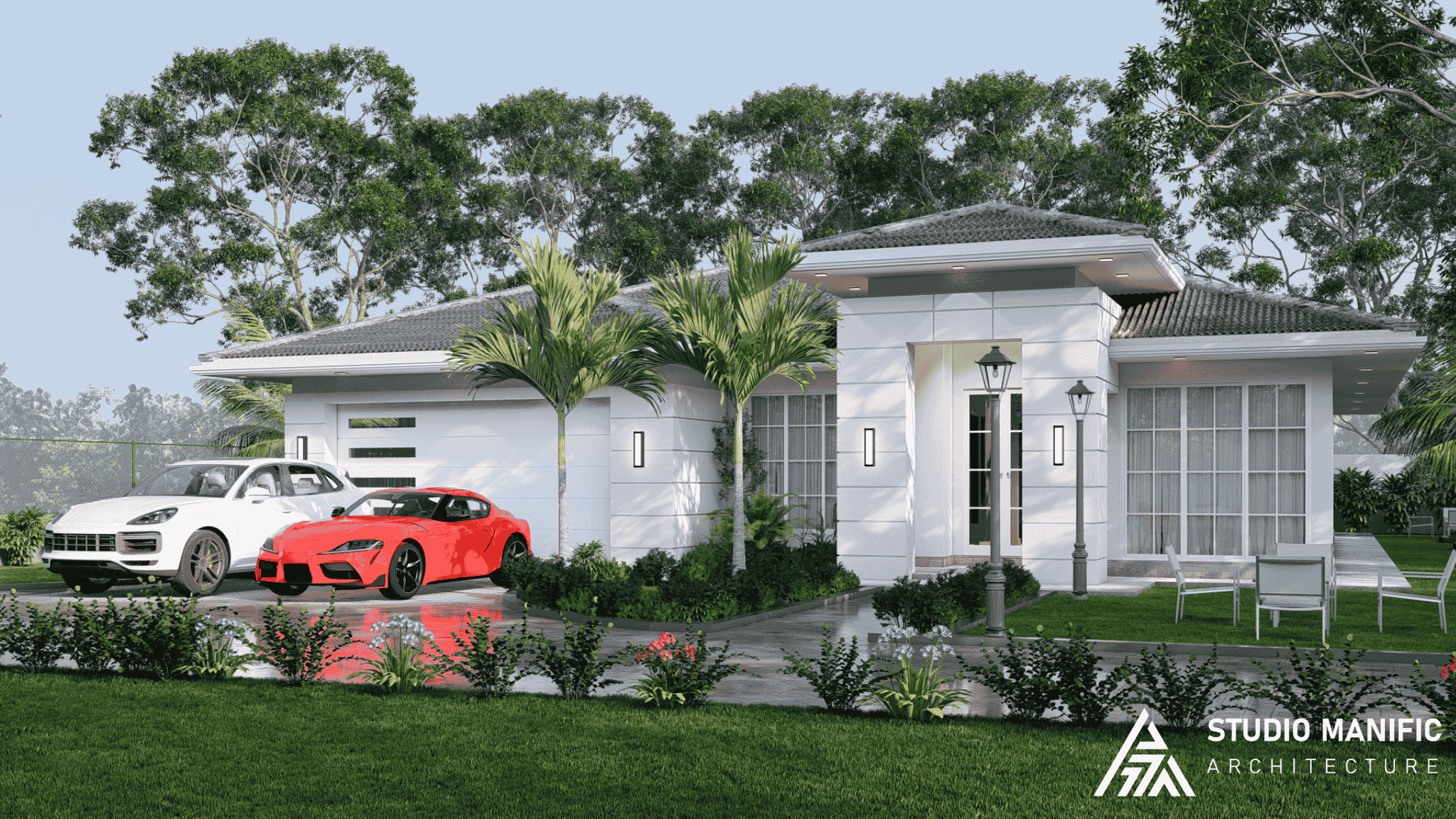 WHITE HeAVEN Villa" A sanctuary where luxury is balanced. While vacationing in Sri Lanka, Mrs. Tharika visited Studio Manific seeking architects capable of translating her American lifestyle into a refined architectural expression. Having lived in the USA, she desired a home reflecting familiar elegance, spaciousness, and contemporary American residential character. She chose Studio Manific for our ability to interpret her vision through contextual, emotionally resonant architectural design. Her brief emphasized American-inspired symmetry, balanced massing, elevated ceiling volumes, and a subtle hotel-like residential atmosphere.