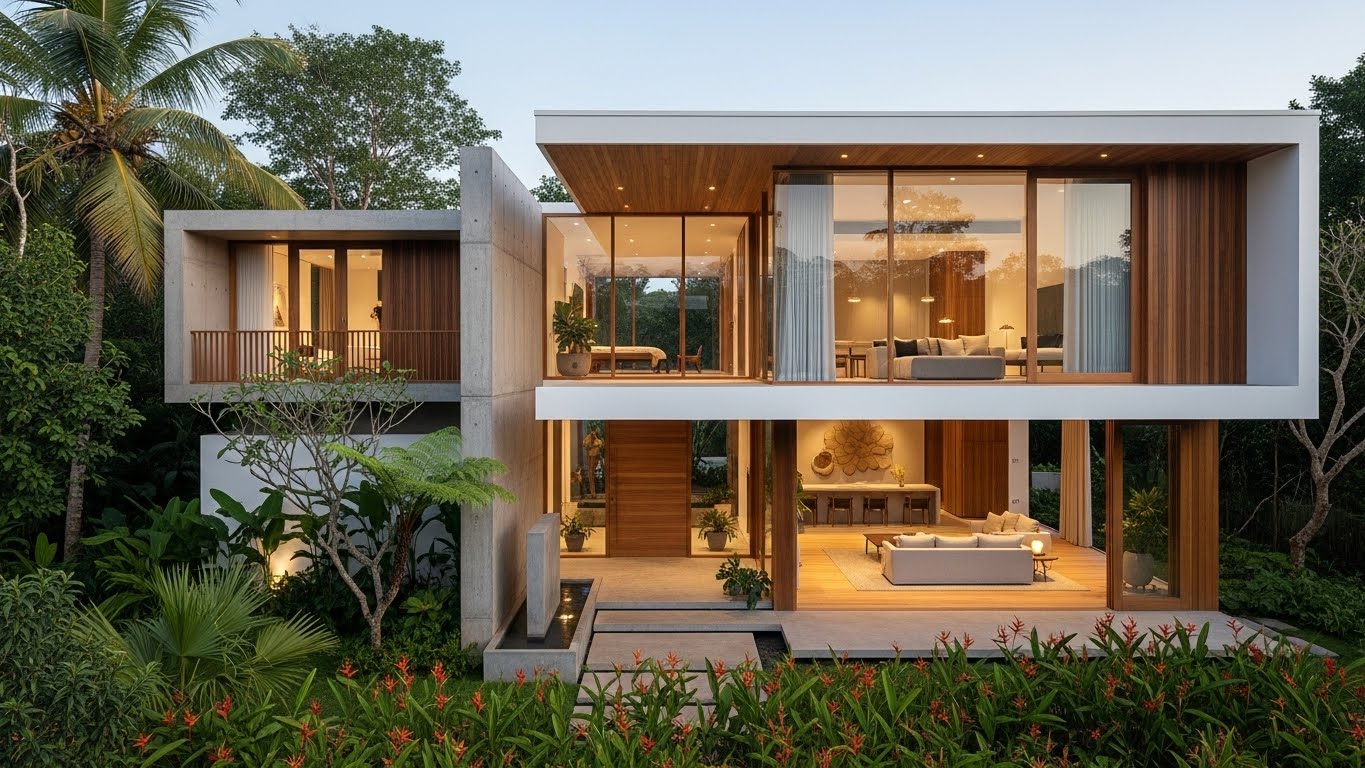 Modern Sri Lankan house plan with open living spaces and natural tropical design.