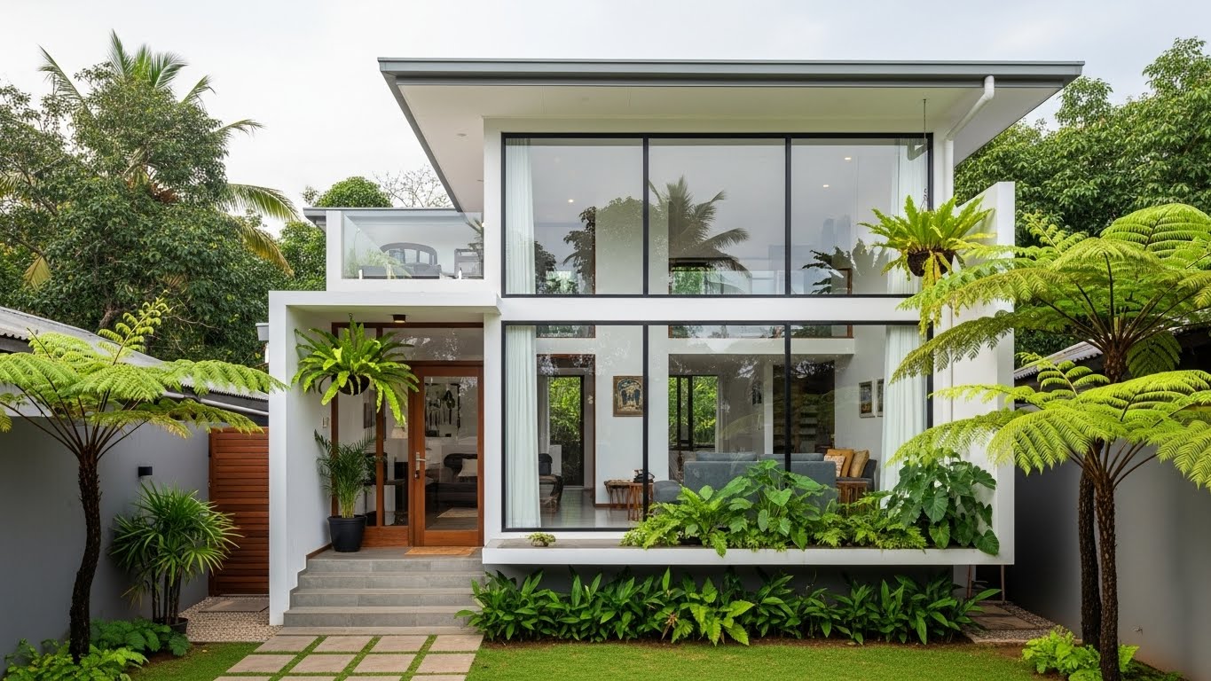 Studio Manific small modern house design on compact land in Sri Lanka with minimalist architecture and large windows